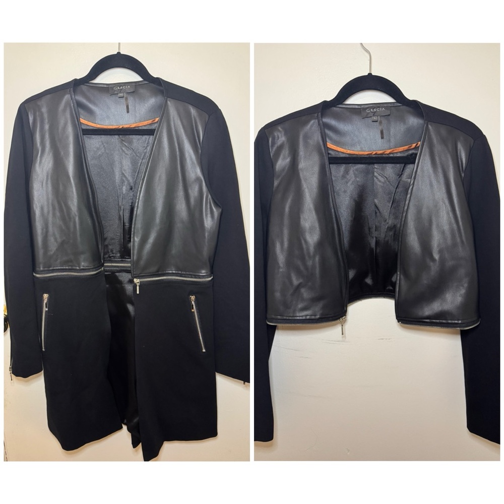 Convertible Long/Short Black Faux Leather Jacket in size L